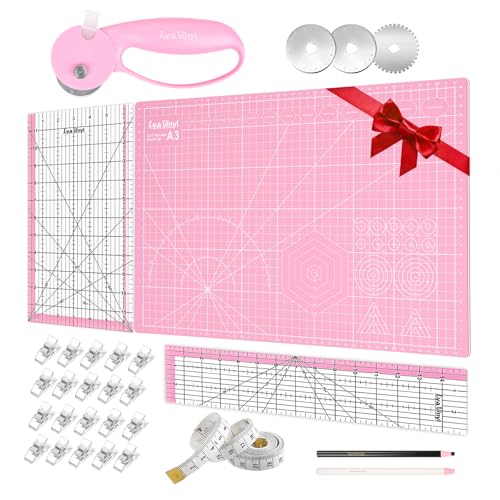 Lya Vinyl 45 mm Rotationsschneider Stoffschneider Set mit selbstheilender A3 Schneidematte, Quilting Lineal und Nähklammern, Bastelmesser, ideal zum Basteln, Nähen Lya Vinyl 45 mm Rotationsschneider Stoffschneider Set mit selbstheilender A3 Schneidematte, Quilting Lineal und Nähklammern, Bastelmesser, ideal zum Basteln, Nähen von Lya Vinyl