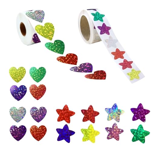 1000 Stück Glitzer Sticker, 500 Sterne Aufkleber, 500 Glitzer Herz Sticker Rolle, 2,5cm Kinder Selbstklebend Aufkleber Belohnungssticker für Schule 1000 Stück Glitzer Sticker, 500 Sterne Aufkleber, 500 Glitzer Herz Sticker Rolle, 2,5cm Kinder Selbstklebend Aufkleber Belohnungssticker für Schule von Lyivisk