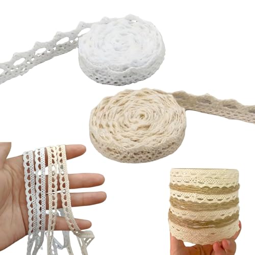 2 Rollen Spitzenband Weiß & Beige - 10 Meter pro Rolle - 1,1 cm Breite - Dekoband für Hochzeiten, Nähen, Geschenke (2 Farben, Vintage Baumwolle) von Lyivisk