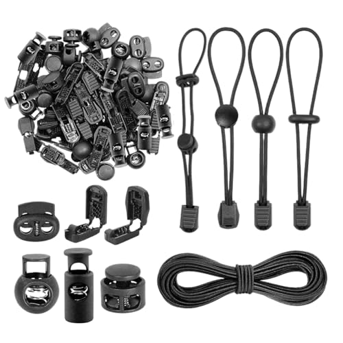 Lyivisk 10 m Gummischnur 3 mm Rundgummi mit 40 Kordelstopper Kordelklemme 40 Schwanzclip 2 Loch Elastisches Gummiband für Rucksack Kleidung Masken DIY Haushalt (Schwarz) von Lyivisk