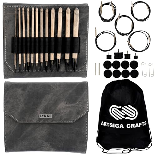 Lykke Treibholz, austauschbares Häkelnadel-Set, Birkenholz, 15 cm, US E4, F5, G6, 7, H8, I9, J10, K10.5, L11, M13, N15, P16, inklusive grauem Denim-Etui, gebündelt mit 1 Artsiga Craft-Projekt-Tasche von Lykke