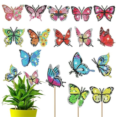 Lymshine 16 Stück Diamond Painting Schmetterling Gartenstecker - Diamond Painting Frühling Schmetterling Deko Diamant Schmetterlinge Deko Garten Diamond Painting Art für Garten Dekor von Lymshine