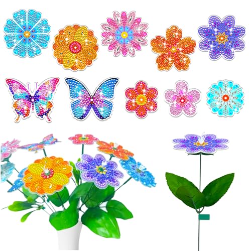 Lymshine Diamond Painting Schmetterling und Blumen, 10 Stück Diamond Painting Gartenstecker Bastelset für Kinder und Erwachsene, Blumen Basteln Mädchen, Blumenschmuck für Garten und Innenräume von Lymshine