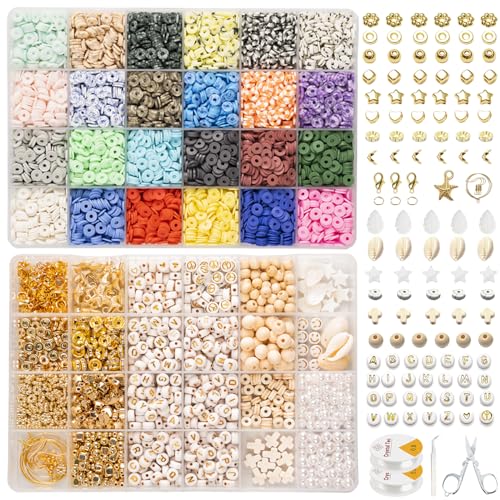 Lynnmos 9200+ Stück Fädelperlenset - 6mm Polymer Clay Perlen für Armbänder. Inklusive 24 Farben, 1 Box mit Buchstaben und reichlich Zubehör für erwachsene DIY-Halsketten, Ohrringe und mehr. von Lynnmos