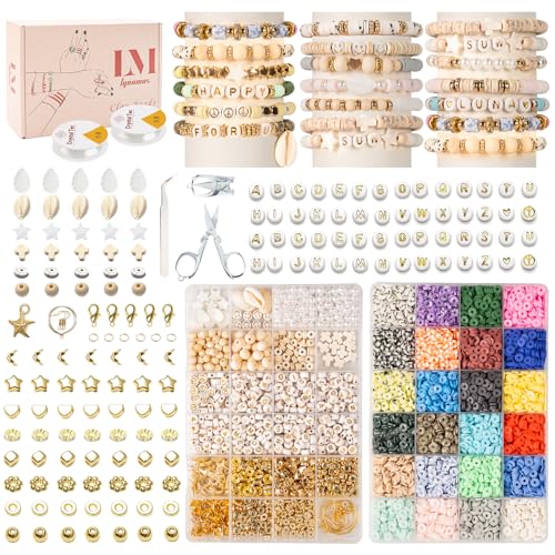 Lynnmos 9500+ Stück Perlen für Armbänder - 6mm Polymer Clay Perlen zum Auffädeln.DIY-Schmuckset 2 Boxen mit Buchstaben, Holzperlen und Muscheln für kreative Designs. von Lynnmos