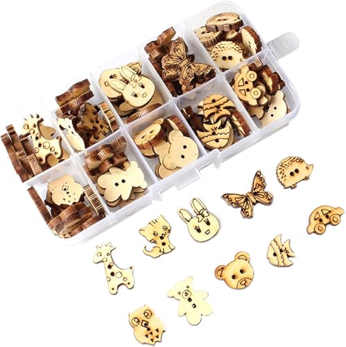 Knöpfe Handmade Tiereform Knöpfe Handmade 2 Löcher Holz mit Kunststoff Box, Basteln, Scrapbooking, DIY-Dekoration, 100 PCS, 15-23 mm, ideal für Kinderprojekte ﻿ von Lynqvor