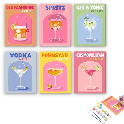 malen nach zahlen Cocktail - 6 mini-gemälde cocktail-set, diy malen nach zahlen cocktail, Handgemaltes Ölgemälde-Set, Für Erwachsene Und Anfänger Als Geschenk Mit Pinsel Und Acrylfarben 15 X 20cm von Lyoveu