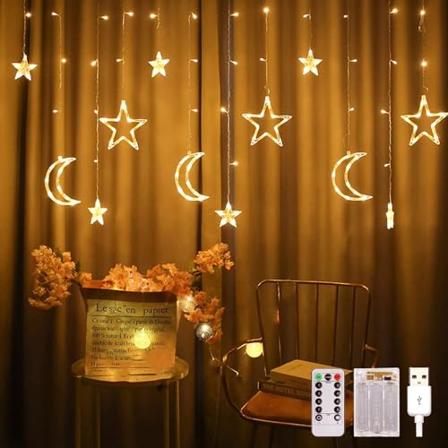 Lypumso LED Lichterkette Ramadan, 3.5M Lichtervorhang Fenster Innen USB/Batterie, LED Weihnachtsbeleuchtung Stern Mond Islamischer Stil Warmweiß von Lypumso