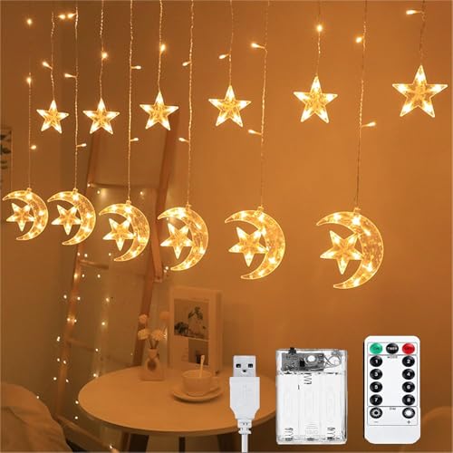 Lypumso Ramadan Lichterkette, 3.5M Sterne Mond Lichterkette, 8 Modi LED Ramadan Lichter mit Timer USB/Batterie IP44, Lichtervorhang Stern Mond Ideal für Ramadan Deko, Fenster, Balkon, Party, Hochzeit von Lypumso