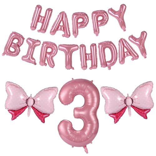 19stk Geburtstagszahlen Ballon Set, Rosa Groß Zahlen Buchstaben Schleife Ballon aus Aluminiumfolie für Mädchengeburtstagsfeiern Prinzessinnenparty Dekoration(Nummer 3) von Lyreh
