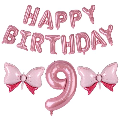 19stk Geburtstagszahlen Ballon Set, Rosa Groß Zahlen Buchstaben Schleife Ballon aus Aluminiumfolie für Mädchengeburtstagsfeiern Prinzessinnenparty Dekoration(Nummer 9) von Lyreh