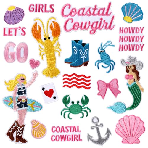 21 Stück Küsten Cowgirl Aufnäher zum Aufbügeln, Sommerliche Ozeanwellen Bestickte Applikationen für Hüte Kleidung Taschen Jeans Strandaccessoires 21 Stück Küsten Cowgirl Aufnäher zum Aufbügeln, Sommerliche Ozeanwellen Bestickte Applikationen für Hüte Kleidung Taschen Jeans Strandaccessoires von Lyreh