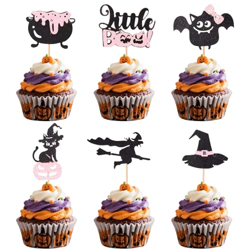 24 Stück Halloween Cupcake Topper, Rosa und Schwarz Glitzerhut Fledermaus Hexe Katze Little Boo Pot Cupcake Dekoration für Halloween Mottoparty Dekoration Geburtstag Babyparty von Lyreh