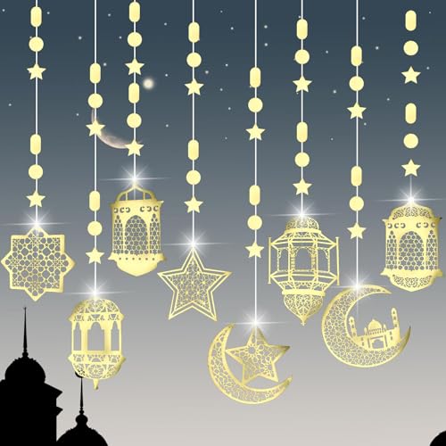 8stk Eid Dekorationen, Voorgeregen Eid Mubarak Girlande Ramadan-Dekorationen mit Islamischem Stern Mond Fanous-Laterne Mustern für die Islamische Heimdekoration(Gold) von Lyreh
