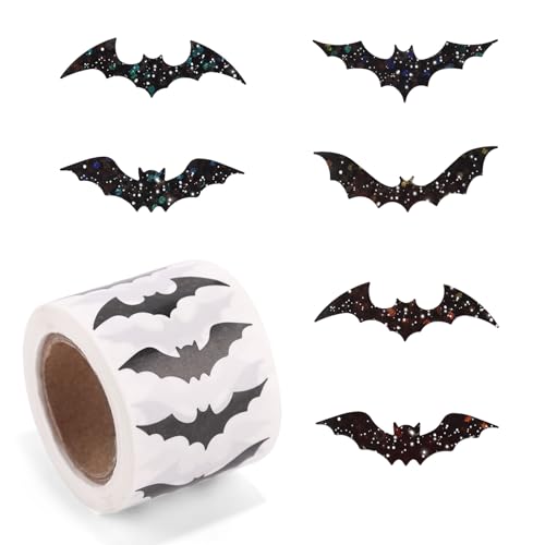 Fledermaus Aufkleber Rolle, 3cm Selbstklebender Halloween Aufkleber von Fledermaus Funkelnd Halloween Etikettendekoration für Kinderkarten Umschläge Einladungen Sammelalben Dekoration von Lyreh
