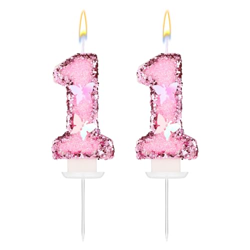 Geburtstagskerze, 7,5cm Glitzer Wunderkerze Zahlenkerzen Rosa Schmetterlings-Geburtstagskerzen Tortenaufsatz-Dekorationen für Hochzeit Frauen und Mädchen Jahrestag Feier Partyzubehör (11) von Lyreh