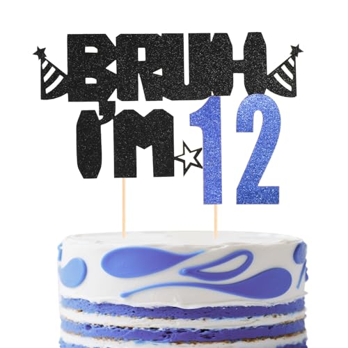 Kuchenaufsatz Bruh I’m 12, Glitzerndes Design in Schwarz und Blau Happy Birthday Dekoration Lustige Geburtstagsparty-Dekoration und Gastgeschenke für Jungen(12.) von Lyreh