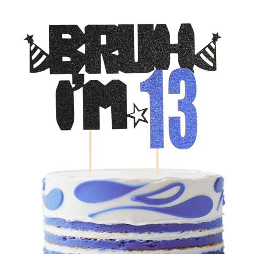 Kuchenaufsatz Bruh I’m 13, Glitzerndes Design in Schwarz und Blau Happy Birthday Dekoration Lustige Geburtstagsparty-Dekoration und Gastgeschenke für Jungen(13.) von Lyreh