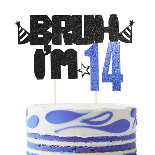Kuchenaufsatz Bruh I’m 14, Glitzerndes Design in Schwarz und Blau Happy Birthday Dekoration Lustige Geburtstagsparty-Dekoration und Gastgeschenke für Jungen(14.) von Lyreh
