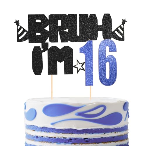 Kuchenaufsatz Bruh I’m 16, Glitzerndes Design in Schwarz und Blau Happy Birthday Dekoration Lustige Geburtstagsparty-Dekoration und Gastgeschenke für Jungen(16.) von Lyreh