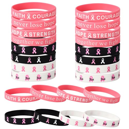 Lyreh 24stk Brust Bewusstseins Armband, 8 Stil Elastischer Silikon Pink Ribbon Armband mit Inspirierenden Worten für Frauen Aktivitätsgeschenk Wohltätigkeitsveranstaltung Sozialhilfe Versorgung von Lyreh