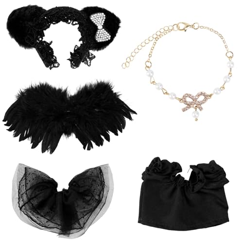 Lyreh 5 St Puppenkleidungsset, 17 cm Schwarze Puppen-Outfits Stirnband mit Ohren, Kleidung, Flügeln, Rock, Halskette, Spielzeugkleidungszubehör Geschenk für Mädchen und Spielzeugsammler (Keine Puppe) von Lyreh