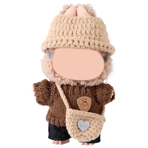 Lyreh 5-Teiliges Kleidungszubehör für Puppen, Puppen-Outfits aus Braunem Garn Umfassen Outfit, Hut, Tasche, Brille, Jeans, Kreatives Geschenk für 17cm Große Puppen Nur Kleidung Enthalten von Lyreh