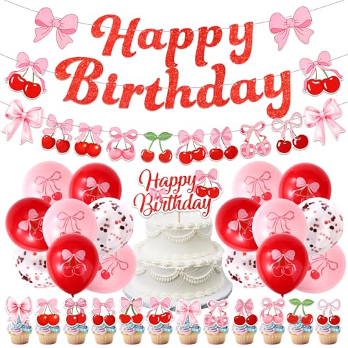 Lyreh Kirsch Geburtstag Deko Set, Enthält 3stk Kirsch Geburtstag Girlande 13stk Schleifen Tortenaufsatz 16stk Luftballons für Kinder Erwachsene Themenparty-Dekoration Zubehör von Lyreh