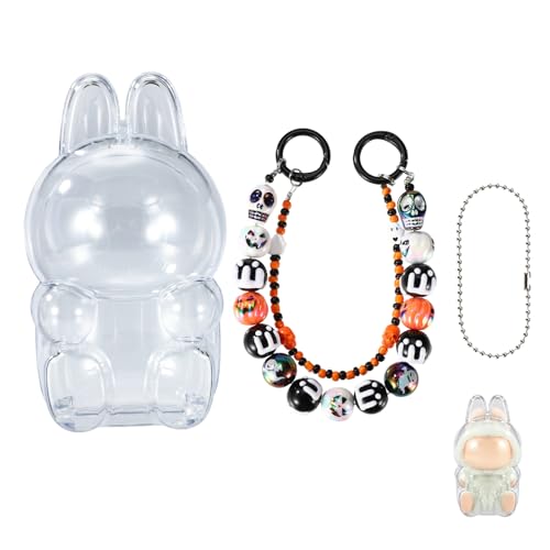 Lyreh Puppe Hülle mit Schlüsselanhänger, Transparente Plüschpuppen Vitrine mit Halloween-Perlen-Schlüsselband und Dünner Silberkette für Tragen 17cm Sammlerstücken Unterwegs(Sitzend Stil) von Lyreh