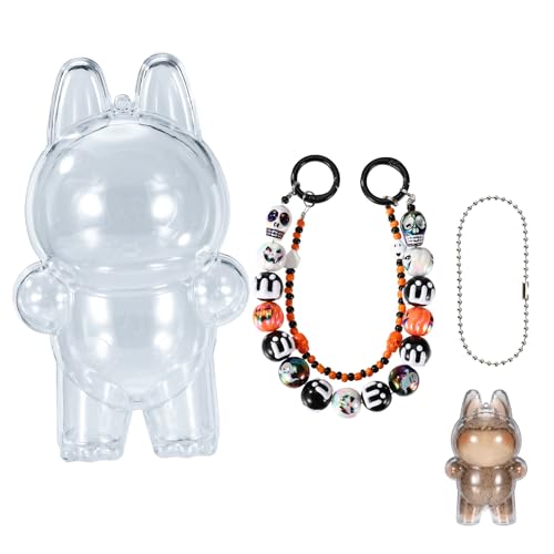 Lyreh Puppe Hülle mit Schlüsselanhänger, Transparente Plüschpuppen Vitrine mit Halloween-Perlen-Schlüsselband und Dünner Silberkette für Tragen 17cm Sammlerstücken Unterwegs(Steh Stil) von Lyreh