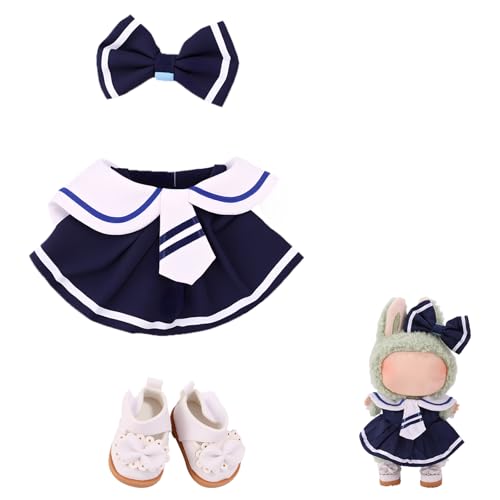 Lyreh Puppenkleidungsset, Süßes Marineblaues Plüsch-Outfit mit Schleife Knoten und Schuhen Geburtstagsgeschenk Plüschkleidungszubehör für 17cm Große Puppen Enthält Nur Kleidung und Zubehör von Lyreh