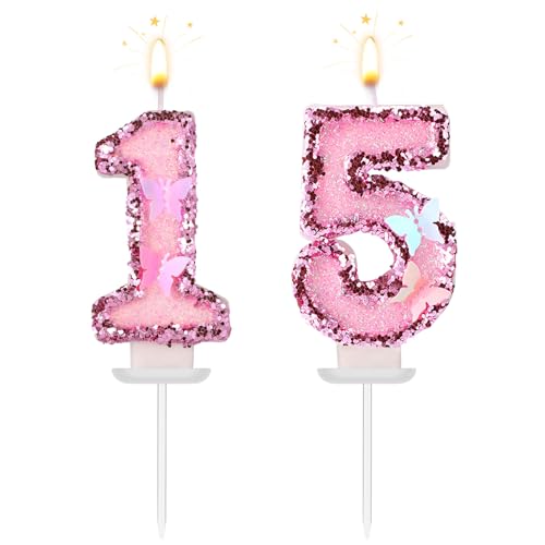 Zahlenkerzen Geburtstag, Schmetterling Rosa Glitzernd Paraffin Geburtstagszahlenkerzen mit Pailletten Verziert Kuchenaufsatz für Partydekoration (15) von Lyreh