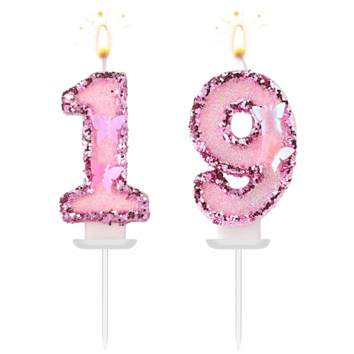 Zahlenkerzen Geburtstag, Schmetterling Rosa Glitzernd Paraffin Geburtstagszahlenkerzen mit Pailletten Verziert Kuchenaufsatz für Partydekoration (19) von Lyreh