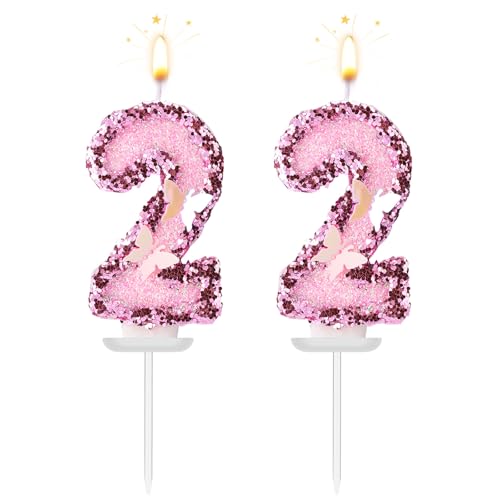 Zahlenkerzen Geburtstag, Schmetterling Rosa Glitzernd Paraffin Geburtstagszahlenkerzen mit Pailletten Verziert Kuchenaufsatz für Partydekoration (22) von Lyreh