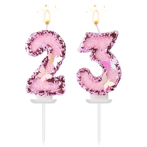 Zahlenkerzen Geburtstag, Schmetterling Rosa Glitzernd Paraffin Geburtstagszahlenkerzen mit Pailletten Verziert Kuchenaufsatz für Partydekoration (23) von Lyreh
