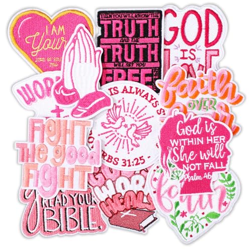 Lyrow 12 Stück Bibelvers Patches, christliches Bügelbild / Aufnäher, Satz-Stickerei, Jesus-Set für Kleidung, Uniform, Jacke, Mützen, Jeans, Taschen, Rucksäcke (rosa Stil) von Lyrow