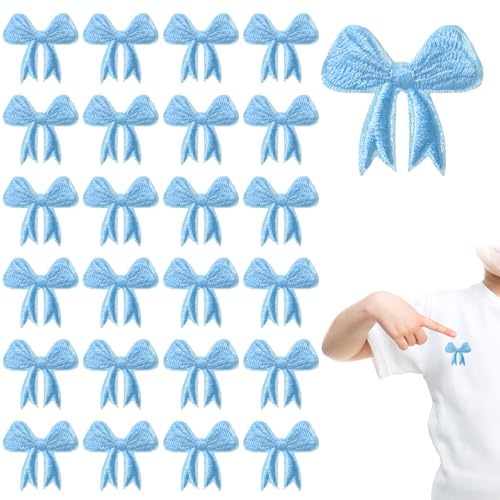 Lyrow 24 Stück Mini-Aufnäher mit blauer Schleife, bestickte Applikation, niedliche Kokette, Stickerei-Aufkleber, kleine Schleife, zum Nähen von Jeans, Jacken, Hüten, Kleidung, Rucksäcken von Lyrow