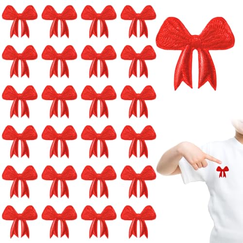 Lyrow 24 Stück rote Mini-Schleifen-Flicken, Mini-Schleife, bestickte Applikation, niedliche Kokette, Stickerei, Aufkleber, kleine Schleife, zum Nähen von Jeans, Jacken, Hüten, Kleidung, Rucksäcken von Lyrow