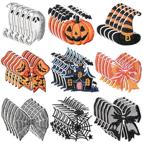 Lyrow 45 Stück Halloween Schleife Aufbügler Patches Orange Schwarz bestickt Aufnähen Patches Kürbis Gesicht Hexenhut Applikation DIY Kokette Zubehör für Kleidung Hosen Hüte Jeans Dekorationen von Lyrow