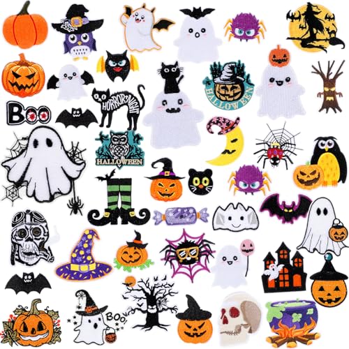 Lyrow 48 Stück Halloween Bügelbilder Halloween Kürbis Geist Fledermaus bestickte Aufnäher für Kleidung, Hüte, Taschen, Jacken, Schuhe, Hosen, Dekoration von Lyrow