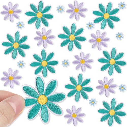 Lyrow Aufnäher zum Aufbügeln in 3 Größen, Gänseblümchen, niedliche Kleidung, bestickt, zum Aufnähen auf Taschen, Hüte, Rucksäcke, Kleidung, DIY-Zubehör, Dekoration, Grau, Lila, Grün, Blau, 24 Stück von Lyrow