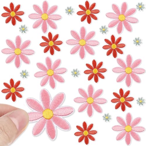 Lyrow Aufnäher zum Aufbügeln in 3 Größen, Gänseblümchen, niedliche Kleidung, bestickt, zum Aufnähen auf Taschen, Hüte, Rucksäcke, Kleidung, DIY-Zubehör, Dekoration, Rosa, Braun, Grün, 24 Stück von Lyrow