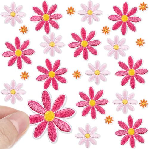 Lyrow Aufnäher zum Aufbügeln in 3 Größen, Gänseblümchen, niedliche Kleidung, bestickt, zum Aufnähen auf Taschen, Hüte, Rucksäcke, Kleidung, DIY-Zubehör, Dekoration (Kurkuma, Hellrosa, Korallenrot), 24 von Lyrow