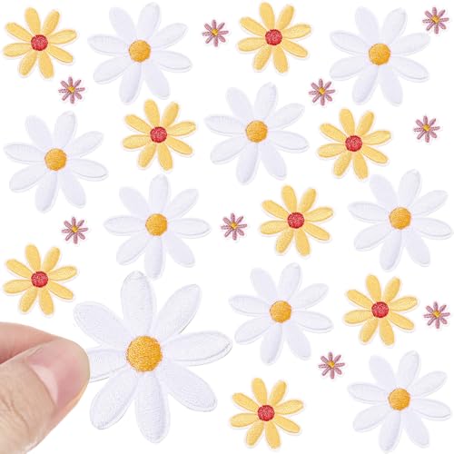 Lyrow Aufnäher zum Aufbügeln in 3 Größen, Gänseblümchen, niedliche Kleidung, bestickt, zum Aufnähen auf Taschen, Hüte, Rucksäcke, Kleidung, Jeans, DIY-Zubehör, Dekoration, 24 Stück (Rosa, Gelb, Weiß) von Lyrow