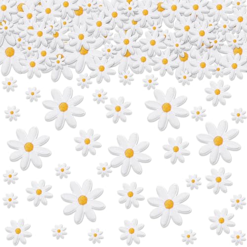 Lyrow Aufnäher zum Aufbügeln in 3 Größen, Motiv: Gänseblümchen, niedlich, bunt, bestickt, zum Aufnähen auf Taschen, Hüte, Rucksäcke, Schuhe, T-Shirts, Kleidung, DIY-Zubehör (weiß), 60 Stück von Lyrow