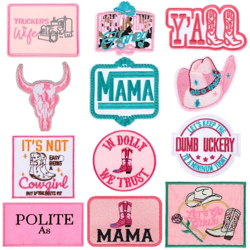 Lyrow Lustige Aufnäher mit Trucker-Hut, zum Aufbügeln, groß, humorvoll, bestickt, rosa, Vintage-Aufnäher, adrette Applikation für Mädchen und Frauen, DIY-Dekorationszubehör (Cowboy), 12 Stück von Lyrow