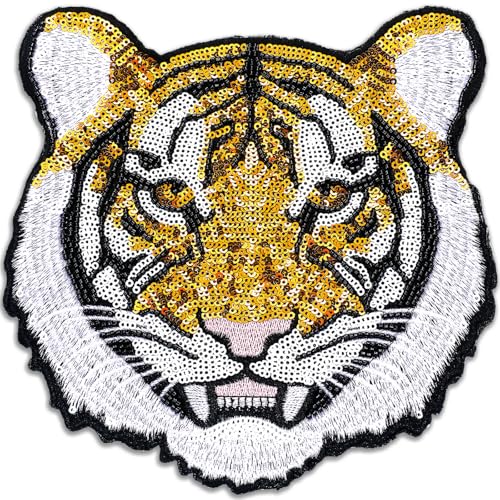 Lyrow Tiger Pailletten Patches Bügelbild Kleidung Pailletten Bügelbilder Tiermuster Stickerei Perlen Applikationen für Kleidung Jeans Jacken für Halloween Event Dress Up von Lyrow
