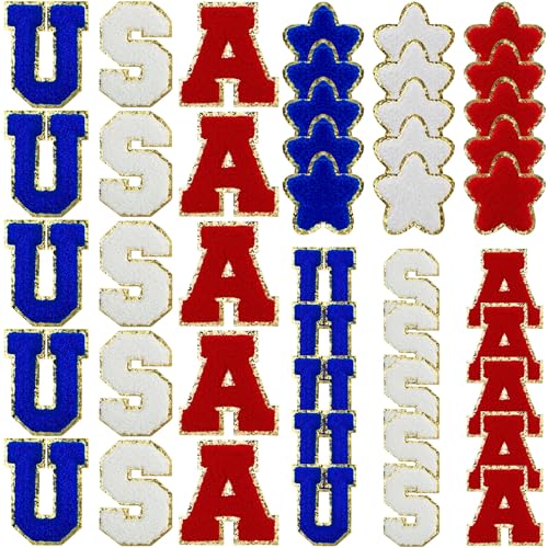 Lyrow USA-Aufnäher, patriotische Buchstaben-Aufnäher für Kleidung, glitzernd, rot, weiß, blau, Sternapplikationen für 4. Juli, Unabhängigkeitstag, Stoffaufbügler, Buchstaben, amerikanische Flagge, zum von Lyrow