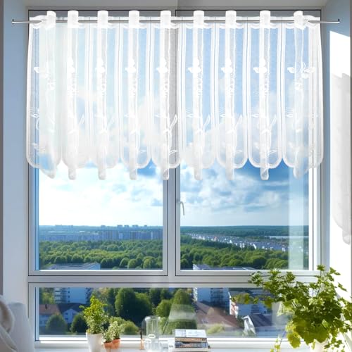 Lytonix Scheibengardine Bistrogardine Halbtransparent 130x45cm, Scheibengardinen Küche Kurzgardine, White Curtain für Kitchen mit Ösen, Küche und Wohnzimmer Bistrogardine Modern zur Fensterdekoration von Lytonix