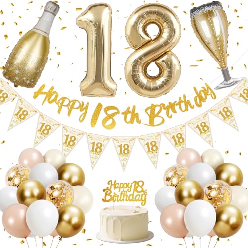 18. Geburtstag Mädchen, 18 Geburtstag Deko, Happy 18th Birthday Banner, 40 Zoll 18 Folienballons, Champagner Flasche und Glas Folienballons, Gold, Rosa, Weiß- und Konfetti -Luftballons, Kuchentopper 18. Geburtstag Mädchen, 18 Geburtstag Deko, Happy 18th Birthday Banner, 40 Zoll 18 Folienballons, Champagner Flasche und Glas Folienballons, Gold, Rosa, Weiß- und Konfetti -Luftballons, Kuchentopper von Lyuet